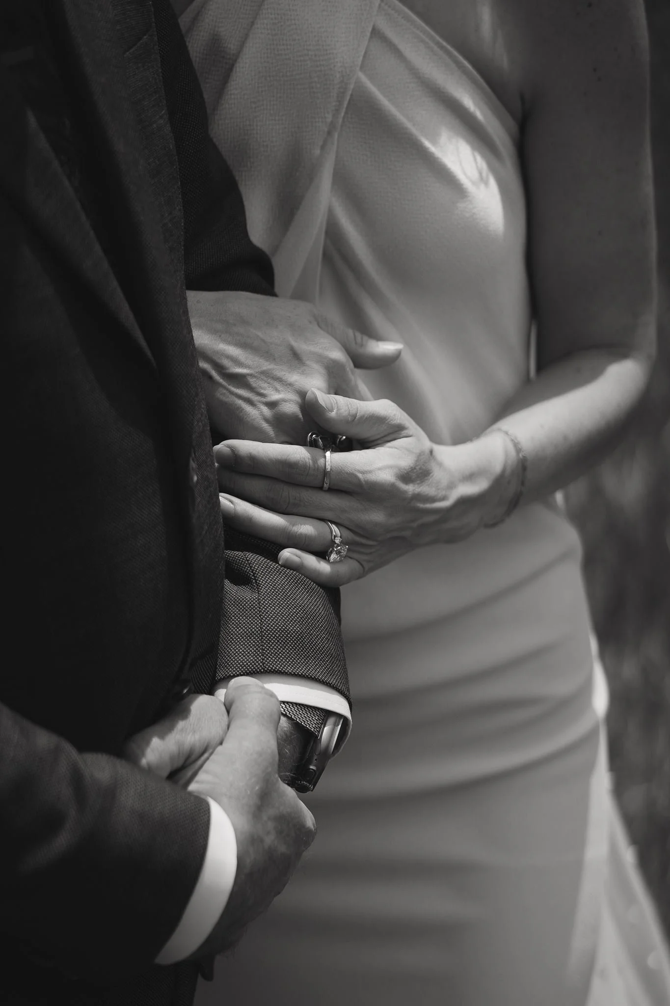 a close up photograph of the bride and groom embracing