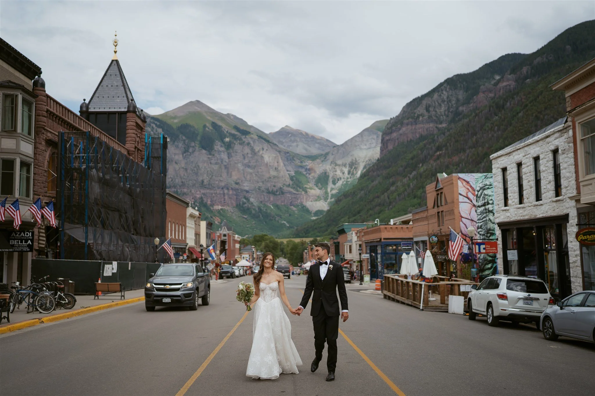 bride and groom in the street downtown Telluride