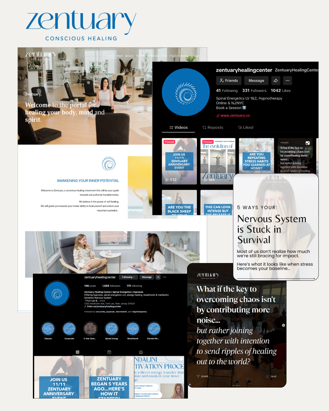 A collage of digital screens and social media pages for Zentuary, a wellness center focused on conscious healing, featuring website pages, social media profiles, videos, and informational posts about healing practices, events, and the center's mission.