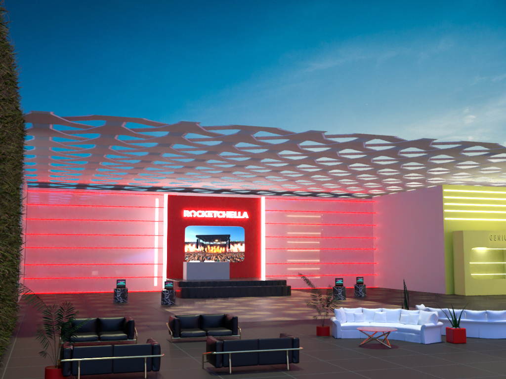 3D Mockups of the event spaces we imagined, created in Adobe Dimension.