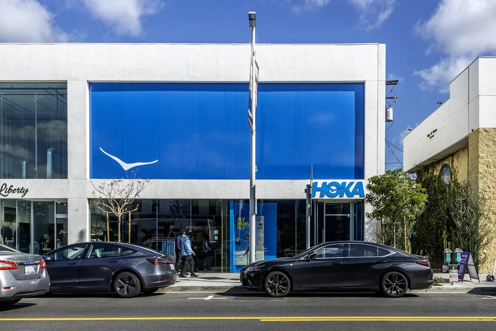 Hoka store with blue signage on Melrose Avenue