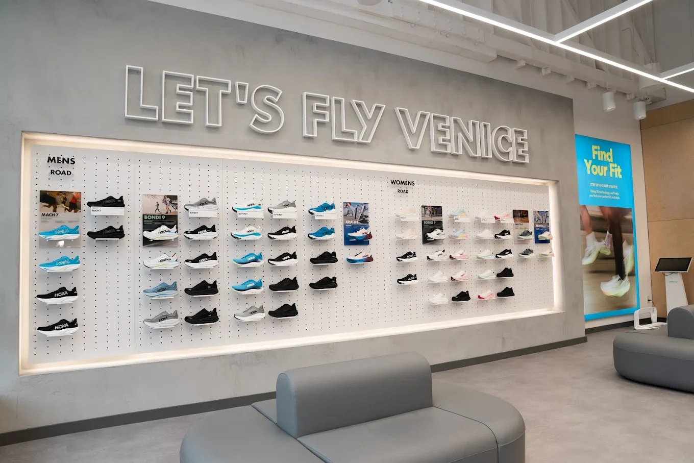 Footwear Wall - HOKA Abbot Kinney - Retail Design Feels on Brand.webp