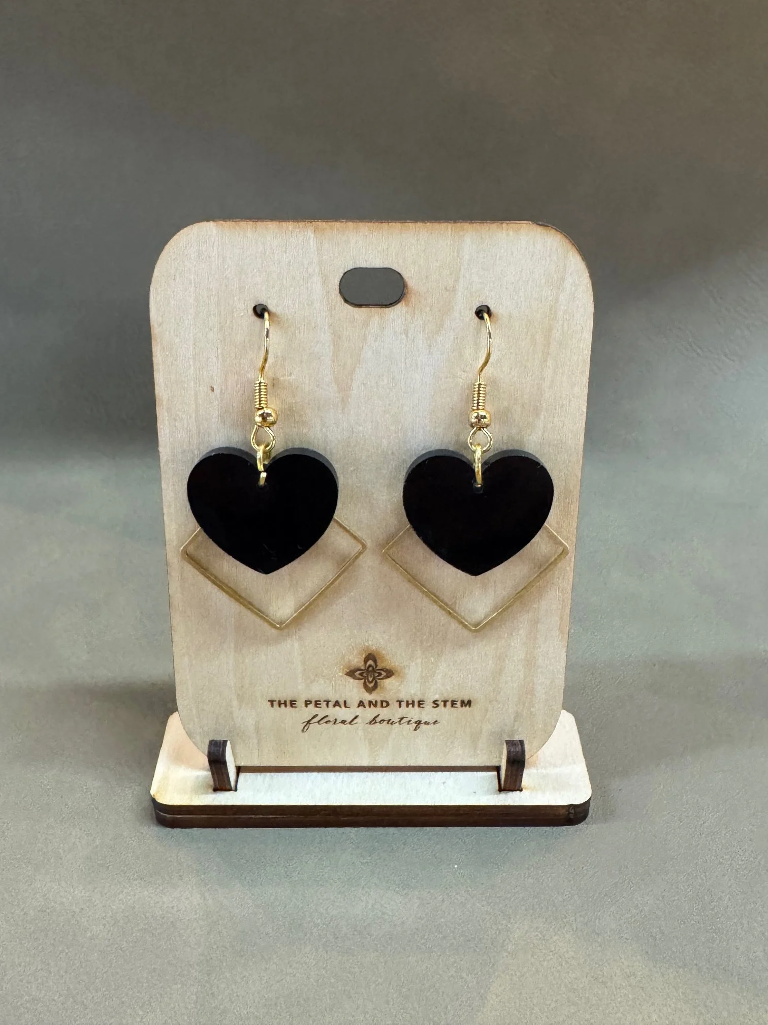 Black Acrylic Heart & Gold Geo Outline Earrings | TPATS