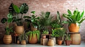 Arrangement of various potted green houseplants against a brick wall