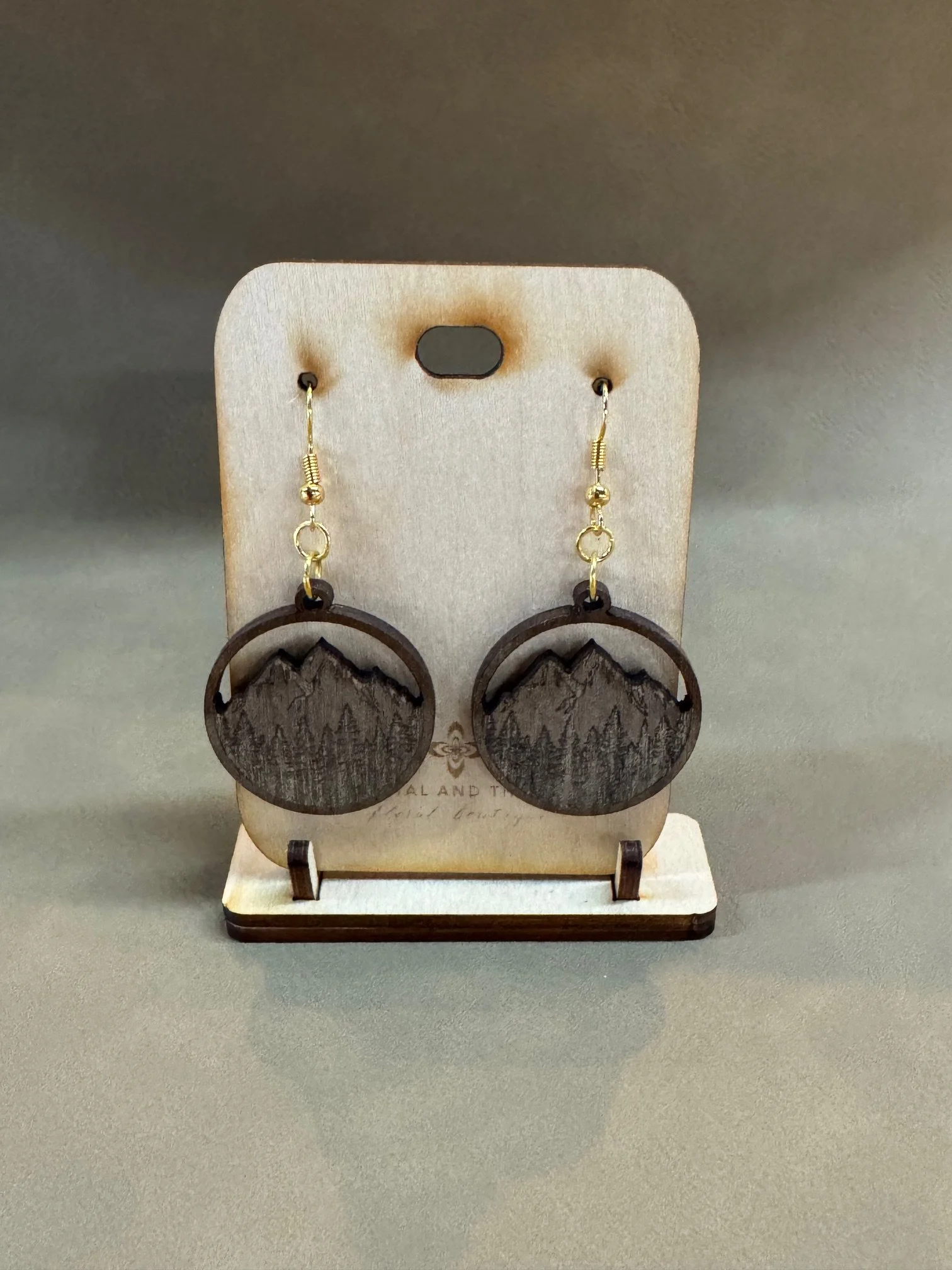 Walnut Wood Mountain Scape Engraved Earrings | TPATS