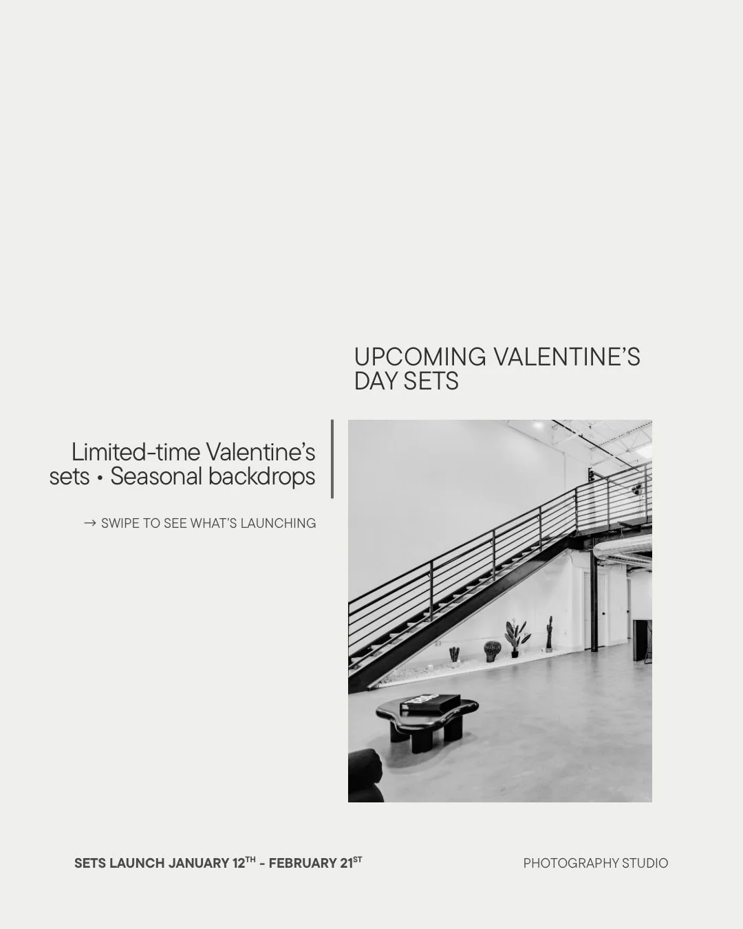 Valentine&rsquo;s Day sets are coming to the studio 💕
Romantic backdrops, creative details, and limited-time designs &mdash; perfect for couples, Galentine&rsquo;s, and solo sessions.

✨ Launching January 12 available with all studio rentals. Save t