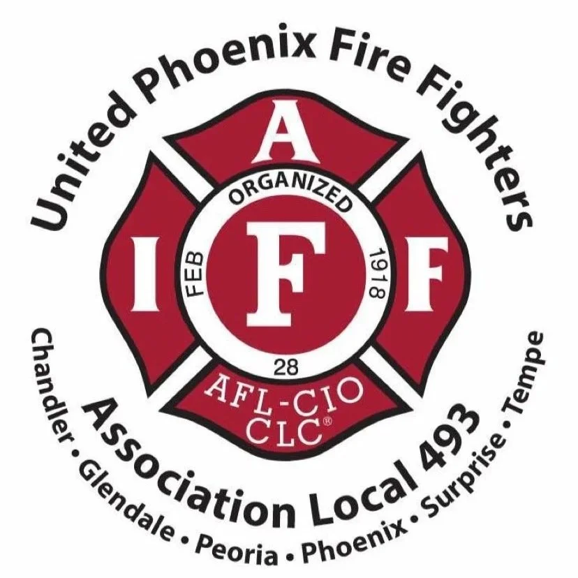 Emblem of the United Phoenix Fire Fighters, an organization representing firefighters in Phoenix, Arizona, featuring a red Maltese cross with white lettering and a circular central emblem.