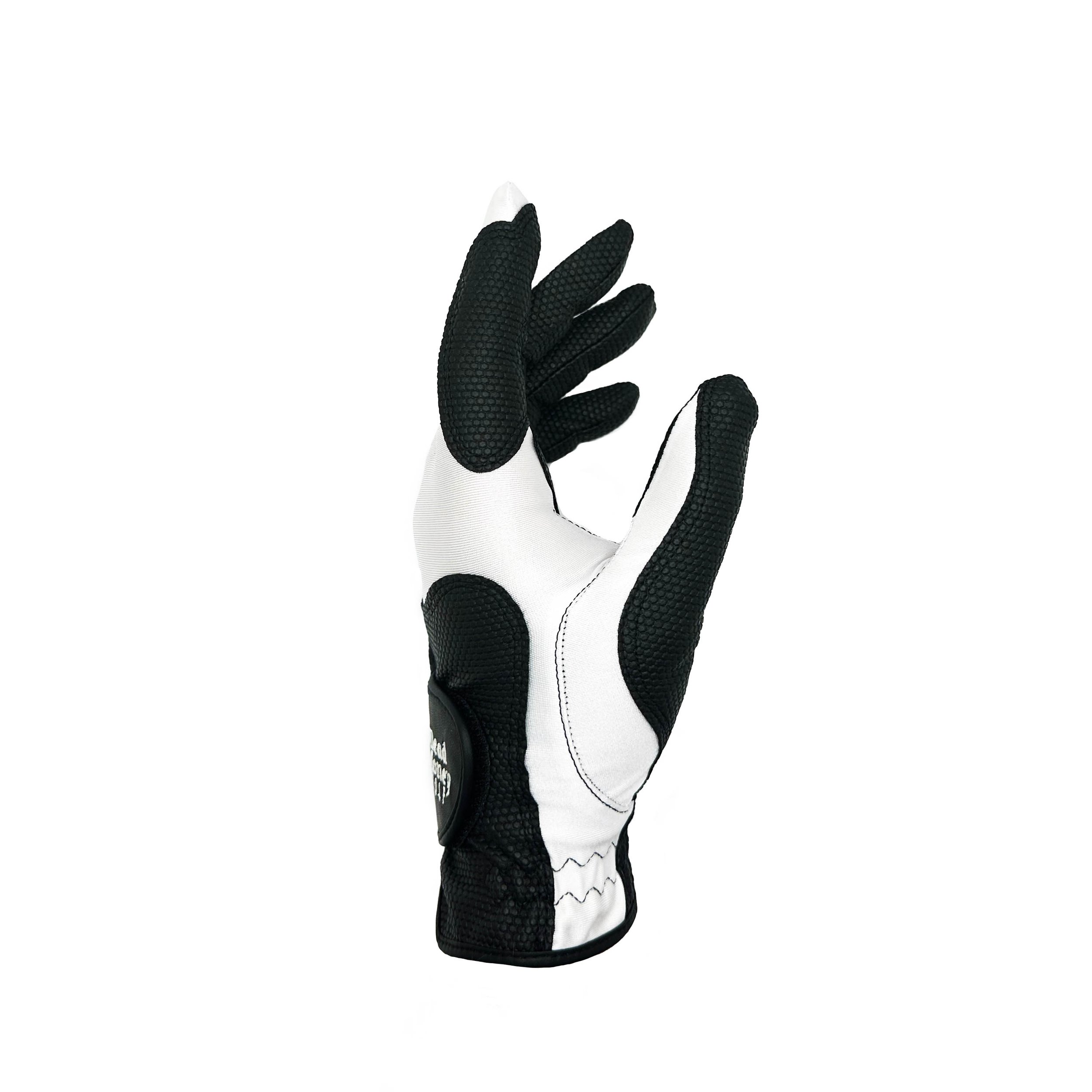 Side view of an anti-bacterial odor resistant white and black golf glove