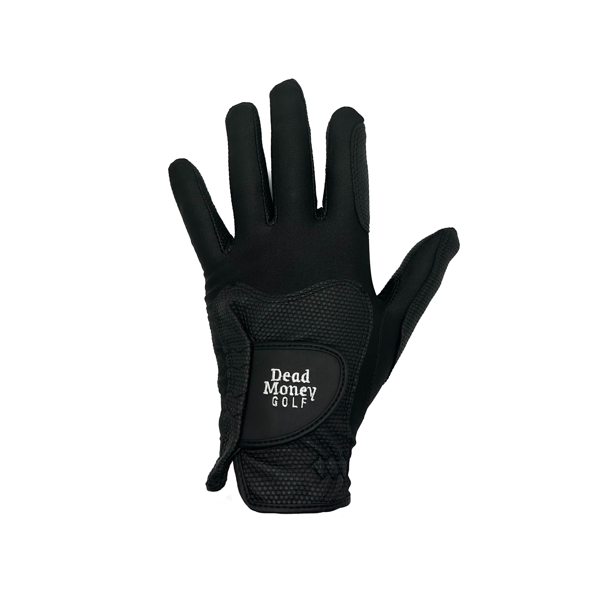 Black synthetic leather golf glove with "Dead Money Golf" white embroidery on back