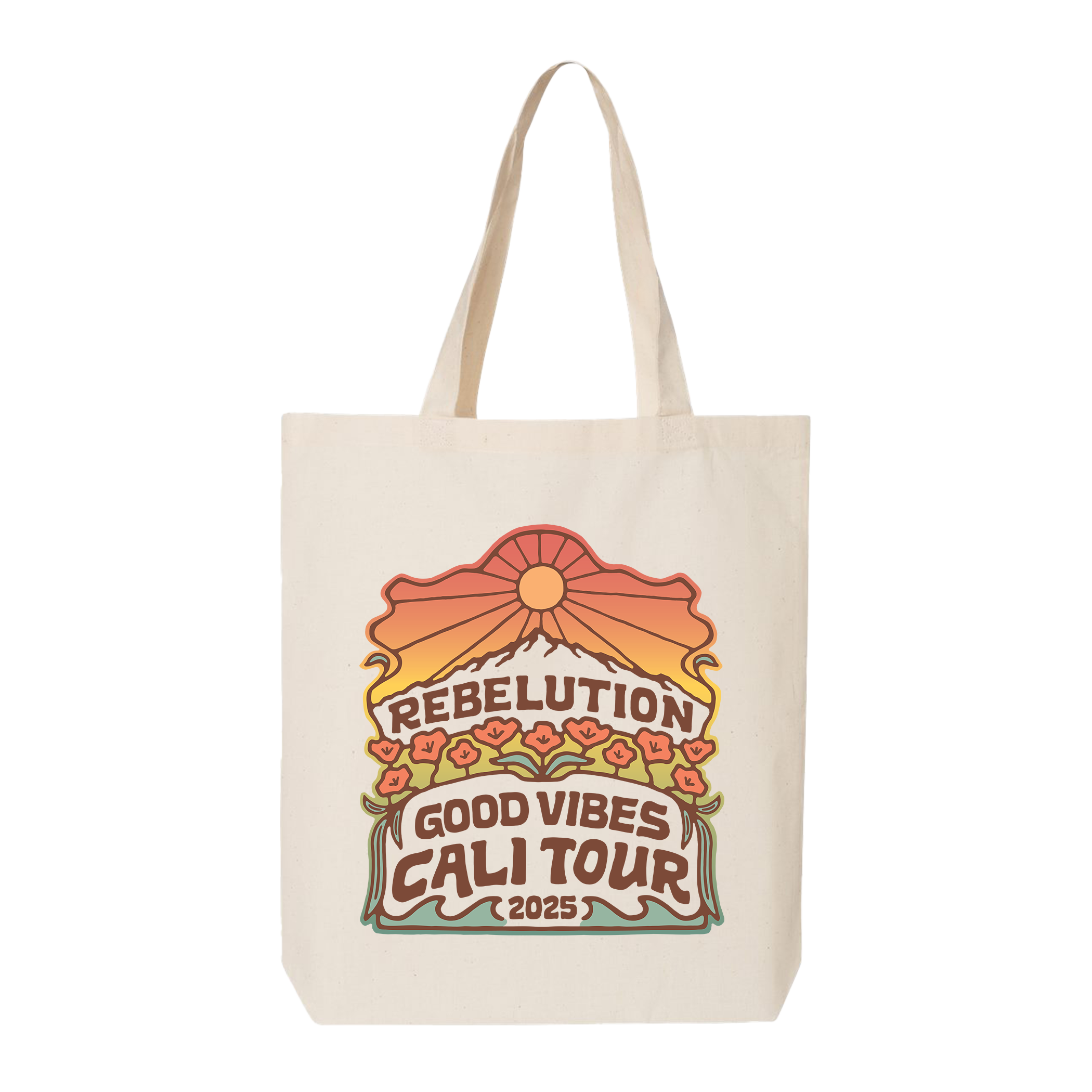 Tote design for Rebelution's Good Vibes Cali Tour 2025 (Red Light Management, 2025)