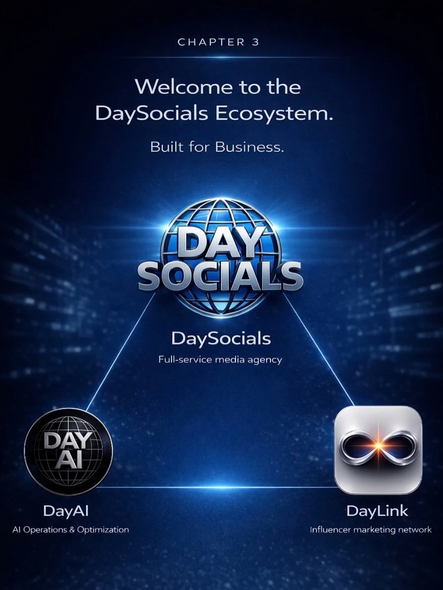 Welcome to the DaySocials Ecosystem

This is Chapter 3

We&rsquo;ve spent years building, learning, and growing and this is what it&rsquo;s been leading to. A full ecosystem designed to give businesses everything they need to win online.

Not one ser