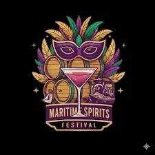 A colorful graphic design for a maritime spirits festival featuring a cocktail glass with a martini pour, a purple mask, tropical leaves, and a yacht, with text 'Maritime Spirits Festival'.