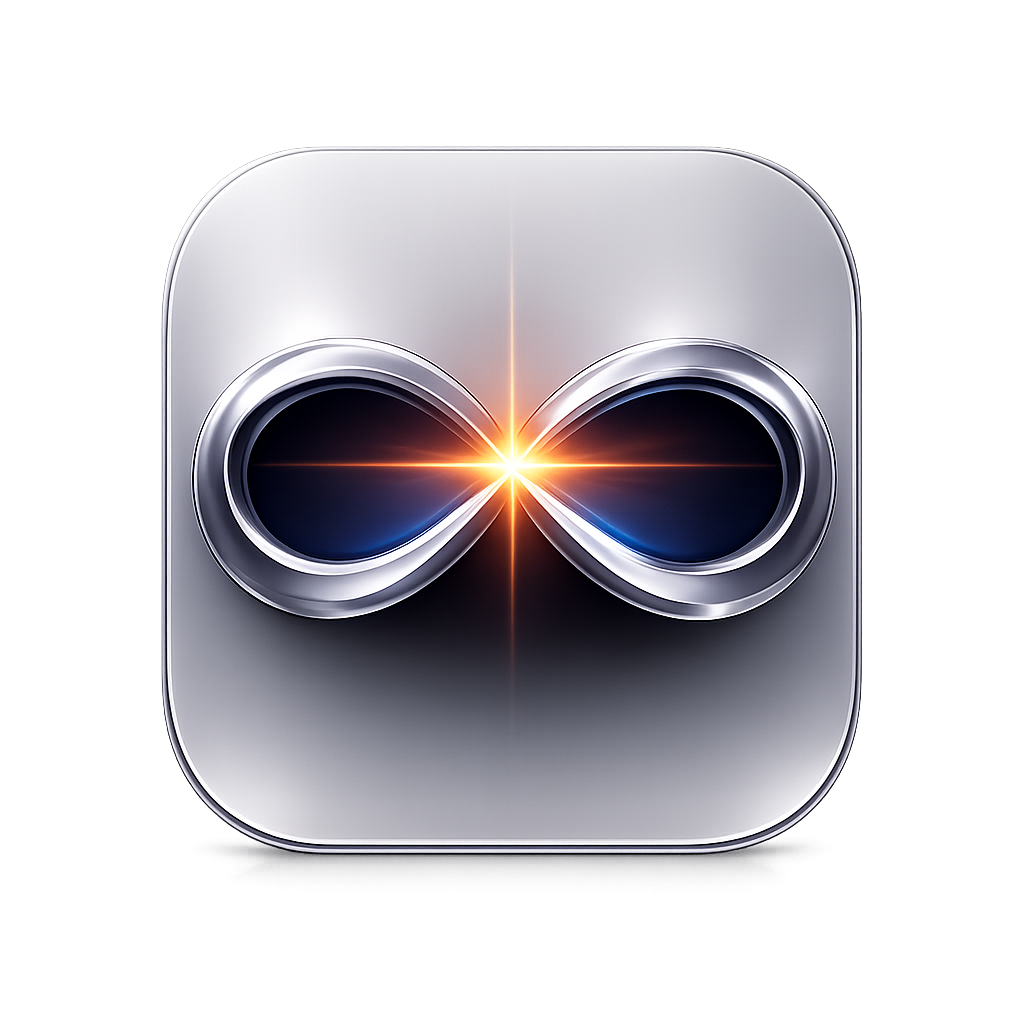 Apple Vision Pro headset logo with a stylized infinity symbol and a bright light at the center.
