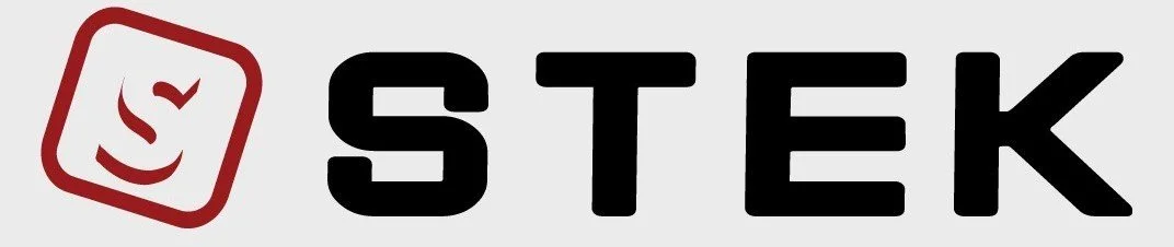 Logo with a stylized check mark inside a square and the text 'STEK'