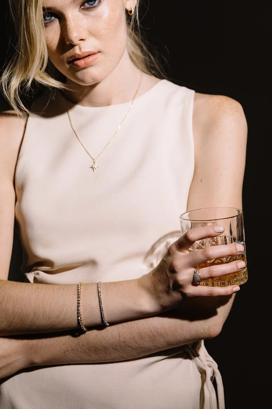 Dramatic light editorial portrait for jewellery campaign