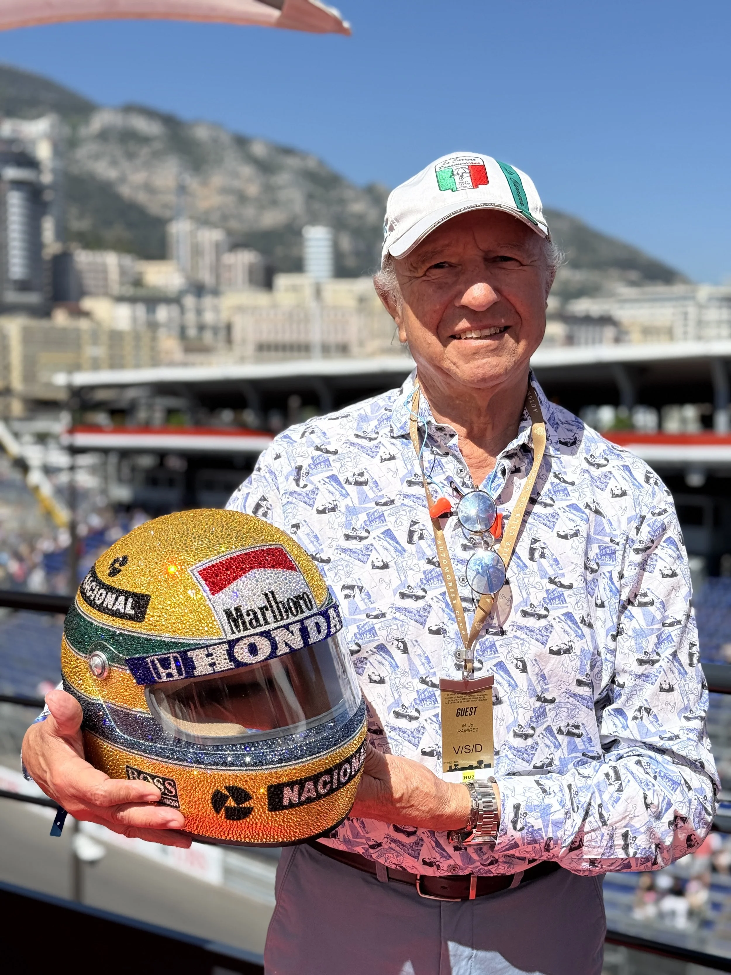 Jo Ramirez, Ex-McLaren F1 Team Coordinator and close personal friend of Ayrton Senna with 1988 Crystal Helmet at Monaco Historic Grand Prix.