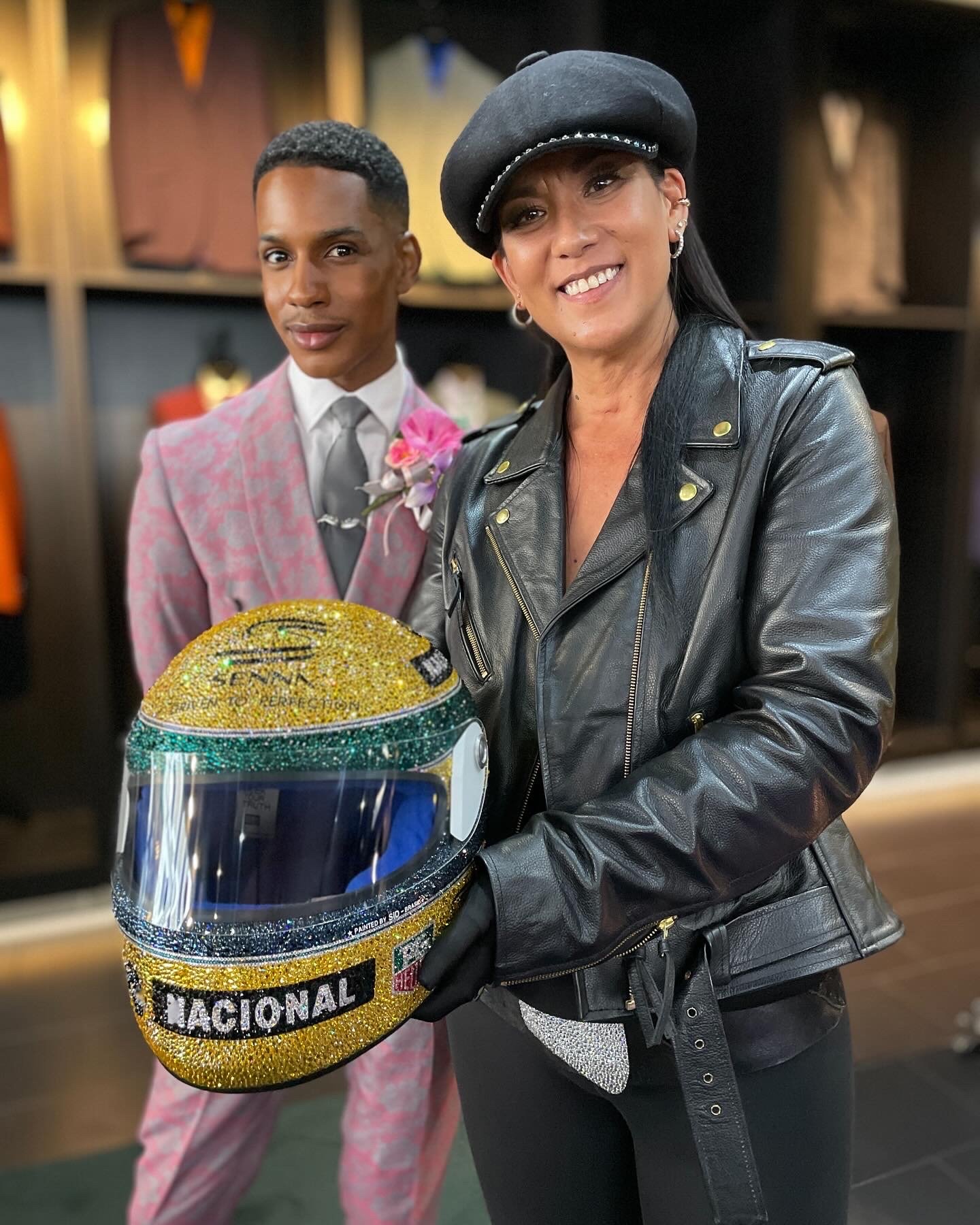 STOKESI and Dénola Grey with Bercy 93 crystal helmet at Oswald Boateng, Savile Row.