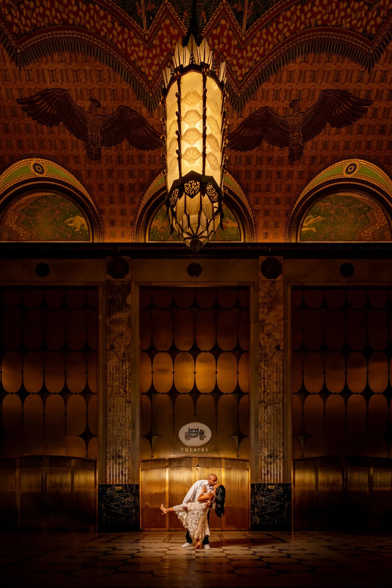 Dramatic Engagement Photos at the Fisher Theatre in Detroit, Michigan