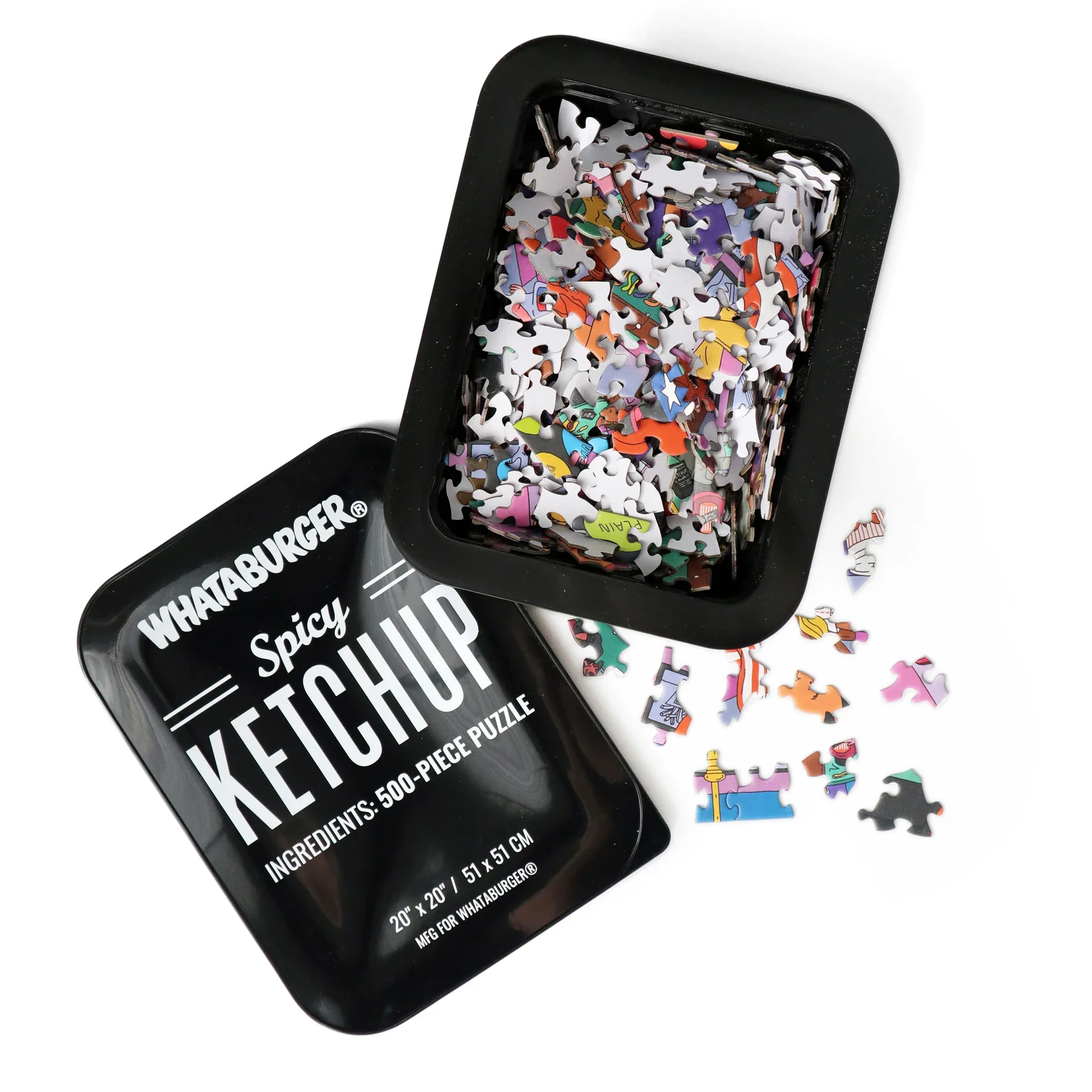 A container of puzzle pieces with a Whataburger Fancy Ketchup packaging labeling it as a 500-piece puzzle.