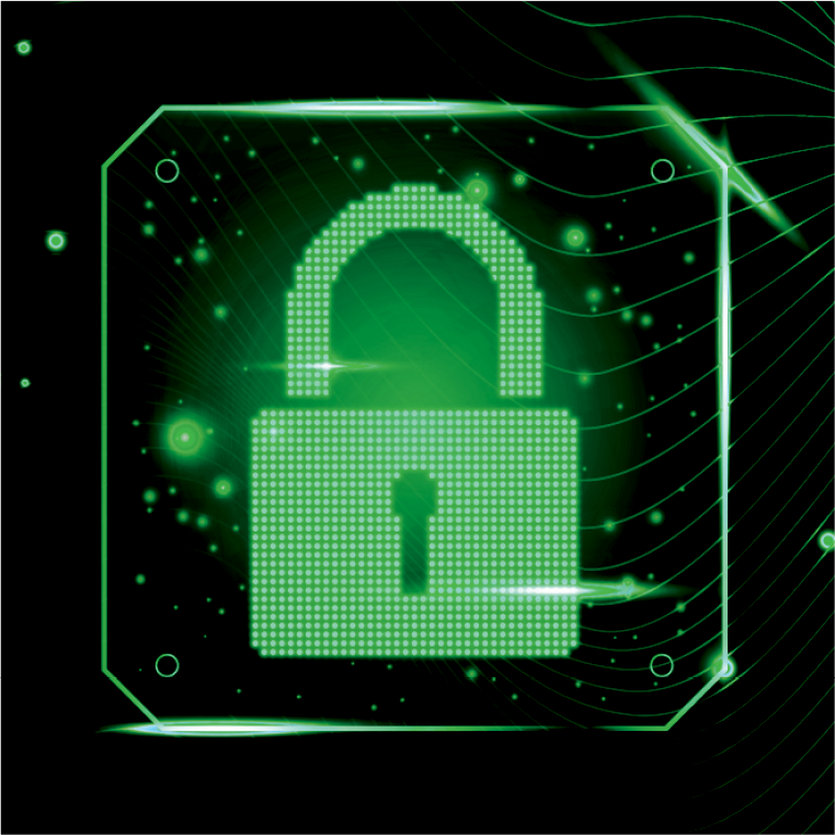 Glowing green padlock icon on a digital background representing cybersecurity.