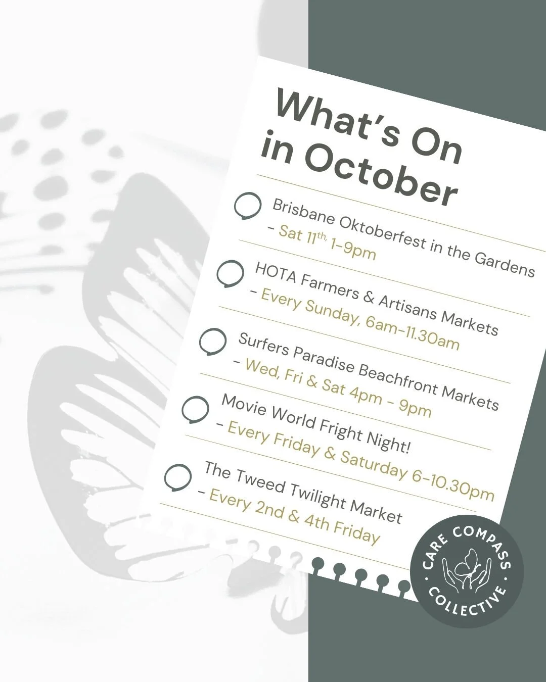 Fancy a day or night out this October? We got you! 🗓️

Here's some events that are happening around Brisbane, Gold Coast and Tweed Heads! 

Save this post for later and share with someone you'll go with! 🤍

#CareCompassCollective #Octobertodolist #
