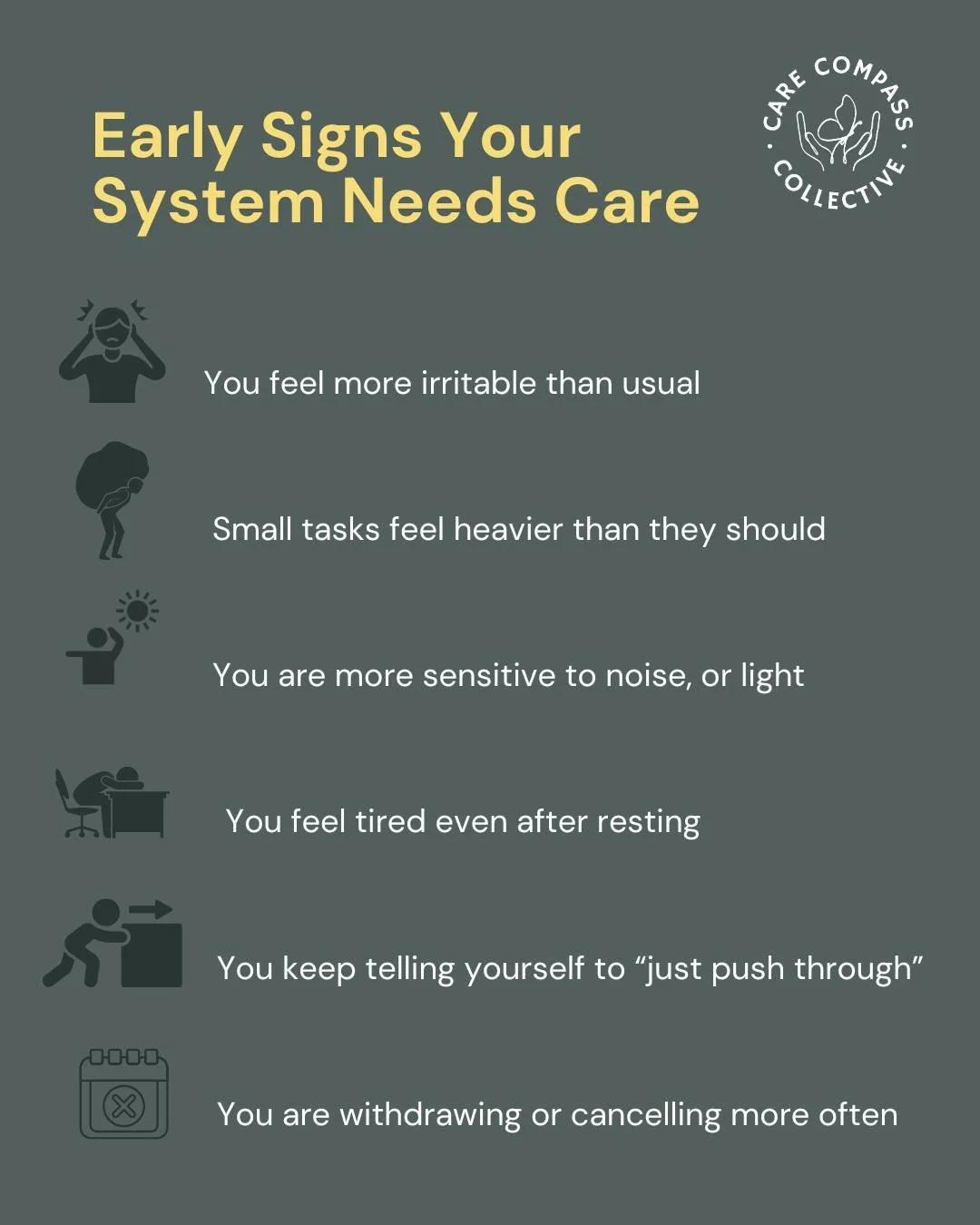 These are not personality flaws.

They are early signals.

Your nervous system is asking for care before it reaches shutdown.

Respond gently. 🤍

 #MentalHealthAwareness #SelfCare #NDIS #PsychosocialSupport