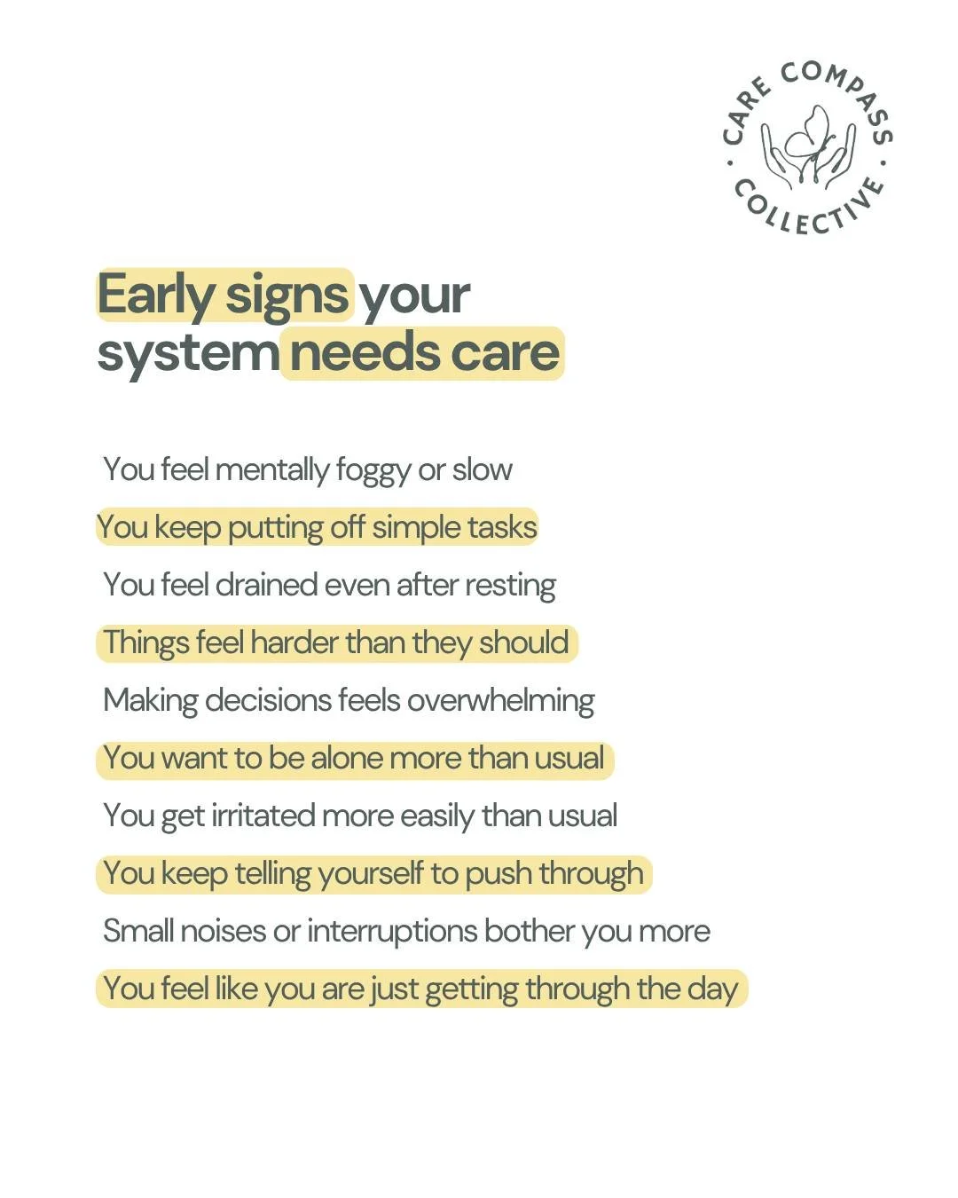 These are not random feelings.

They are early signals your system needs care.

You do not have to push through everything.

Support is valid sooner than you think.

Save this for when something feels off. 🤍

 #NDIS #SelfCare #CareCompassCollective 