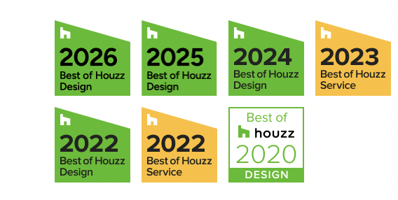 A 2x4 grid of awards and badges for Houzz Best of 2020, 2022, 2023, 2024, 2025, 2026, and Service awards. The awards are in green and orange with the Houzz logo and year prominently displayed.