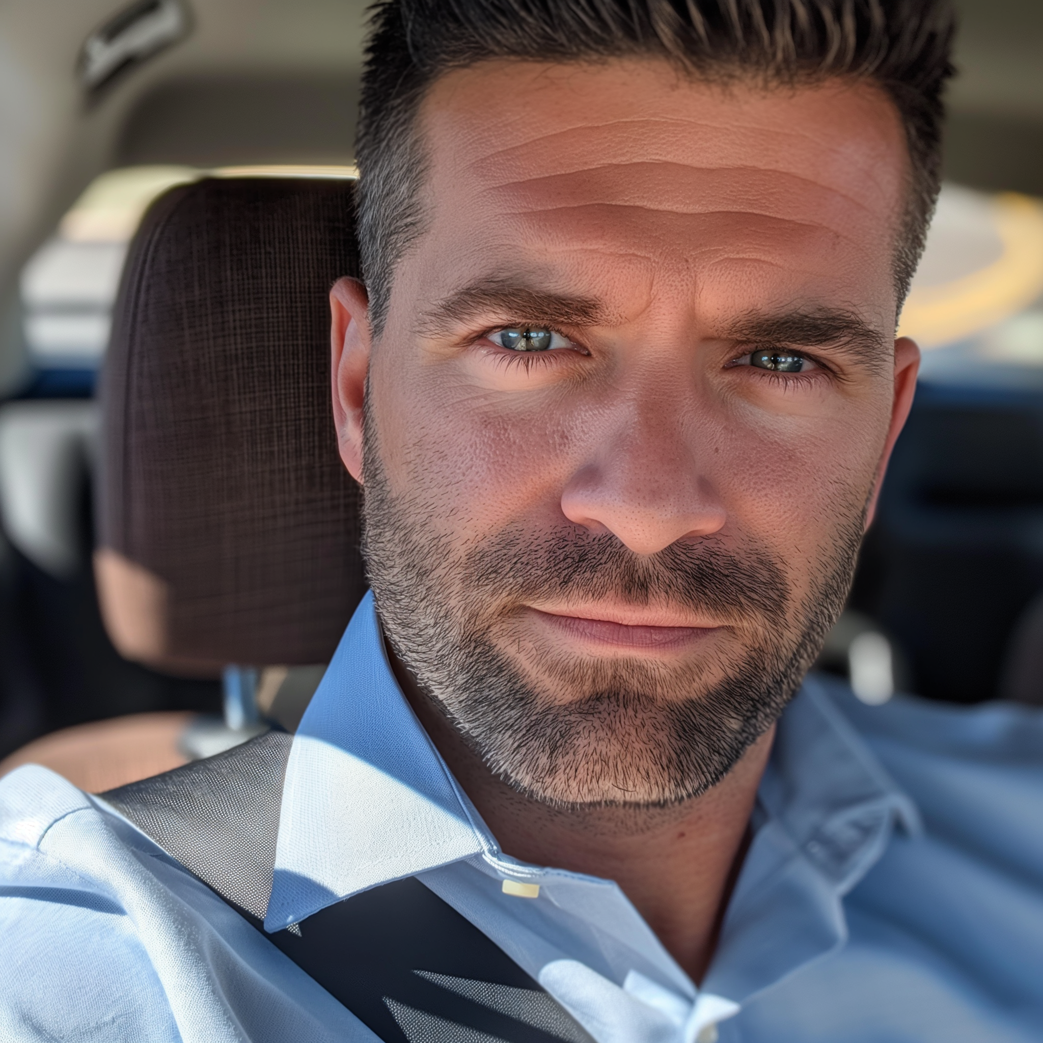 AI-generated example of bad LinkedIn headshot: car selfie with distorted lighting and shadows