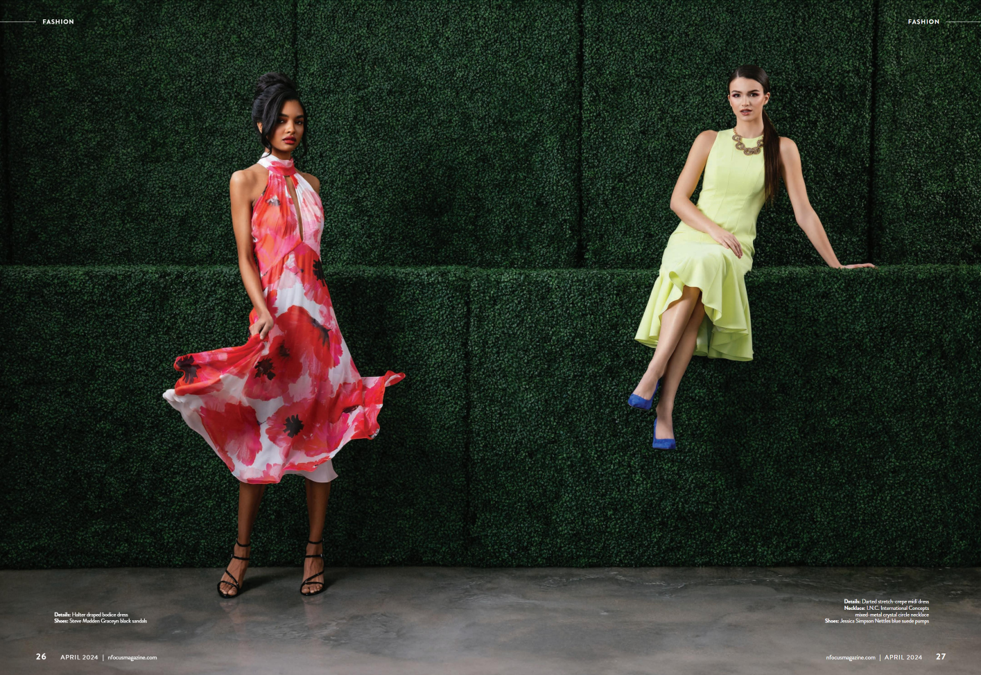 A dynamic duo dressed in vibrant spring tones, with flowing fabrics and vibrant hues. This fashion spread celebrates the energy and movement of spring style. Nashville Photographer known for editorial work with bold, seasonal themes.