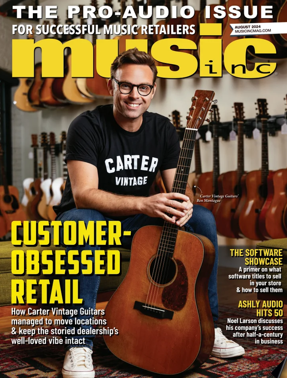 A vibrant, engaging cover photo for Music Inc. Magazine showcasing Carter Vintage Guitars' unique personality and space. Nashville Photographer providing storytelling through editorial branding imagery.