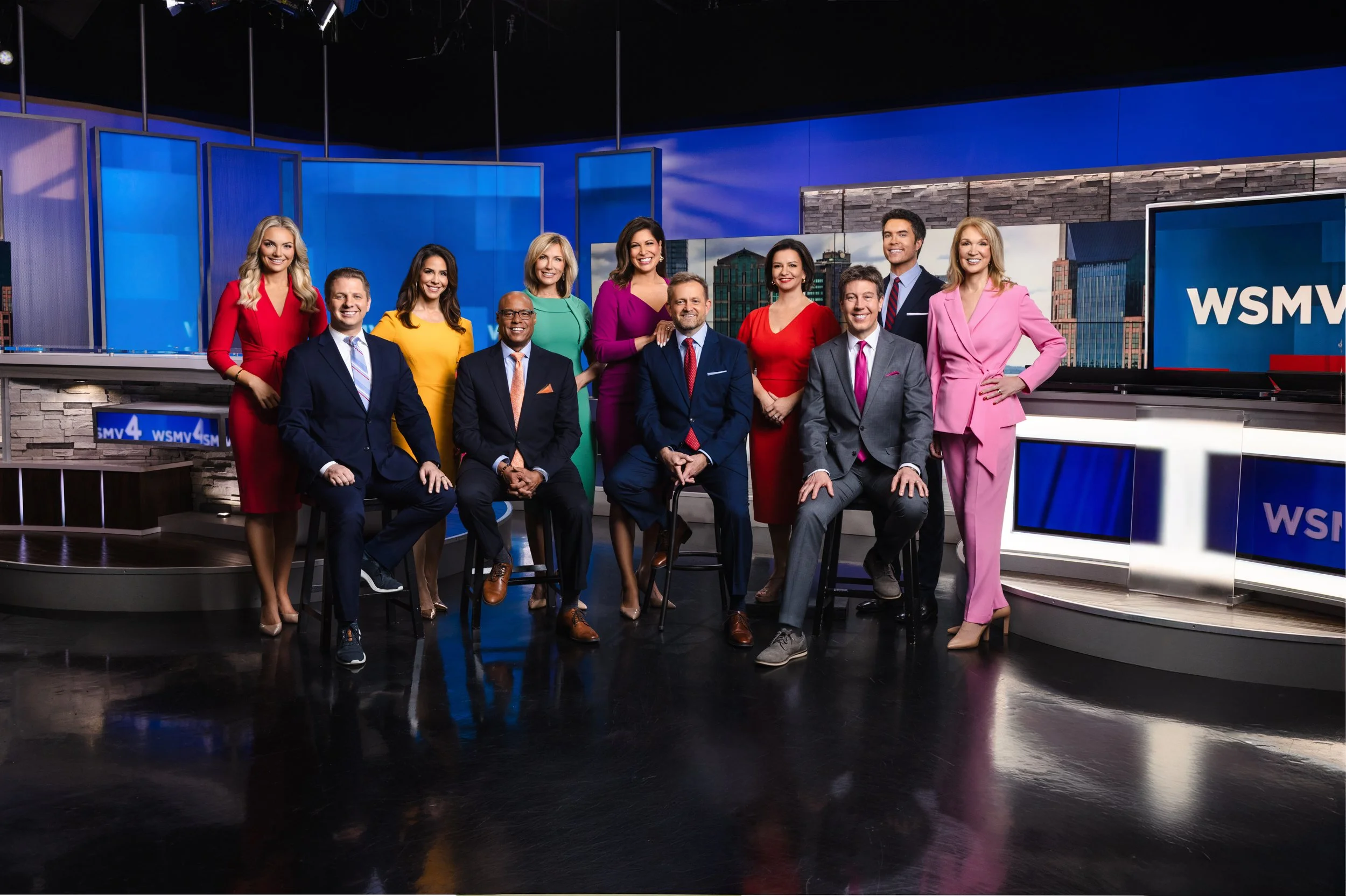 Full newsroom group portrait of the WSMV 4 News team photographed inside their Nashville studio by Tausha Dickinson.