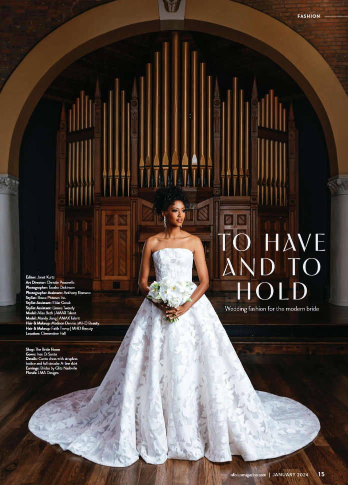 Set against the backdrop of an ornate organ in a historic venue, this bridal image exemplifies the beauty of contemporary bridal fashion paired with timeless architecture. Nashville Commercial Photographer with expertise in capturing intricate dress