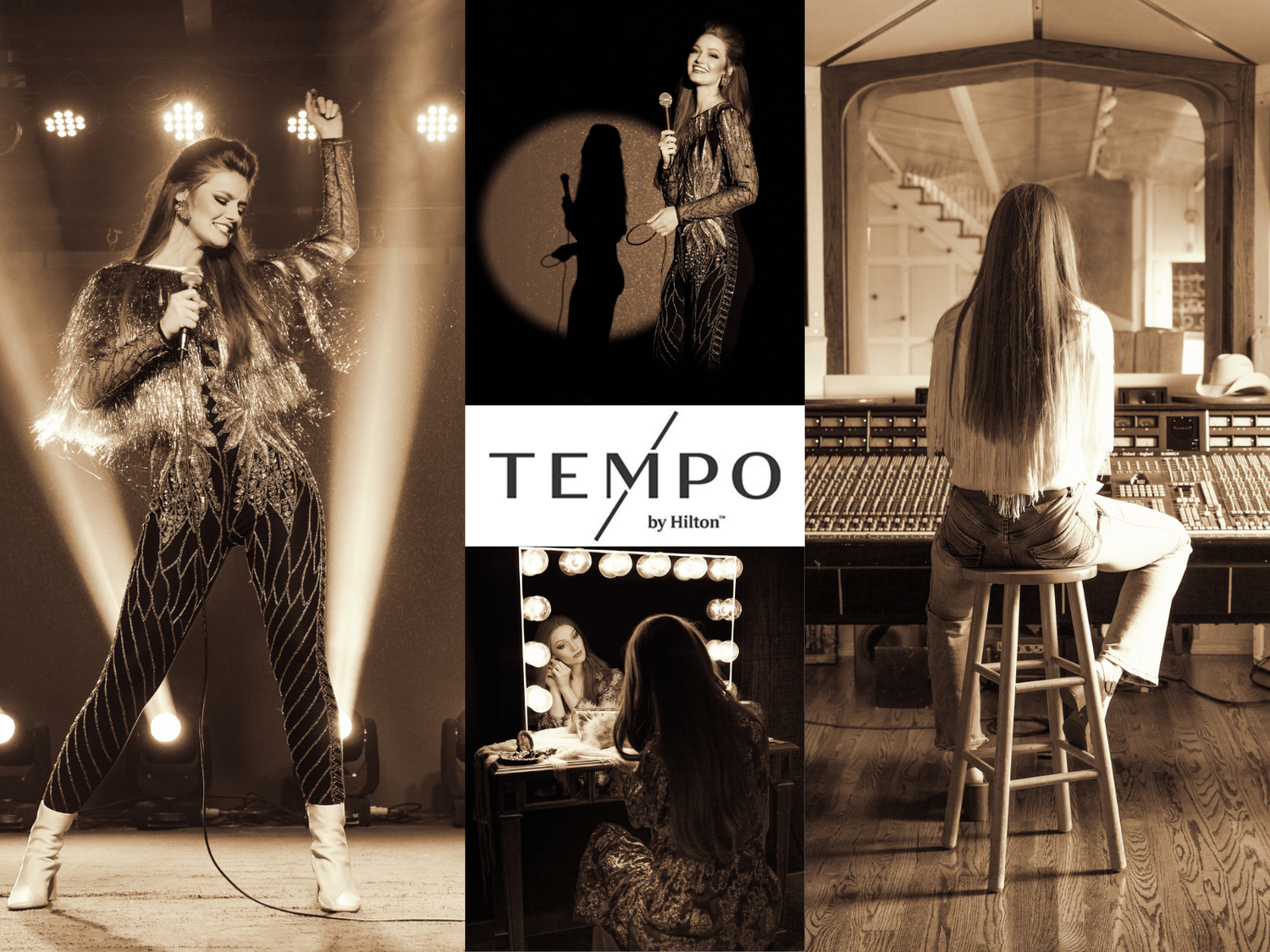 Mary Louise brand campaign collage for Tempo by Hilton Nashville, cinematic stage performance and studio portraits by Tausha Dickinson