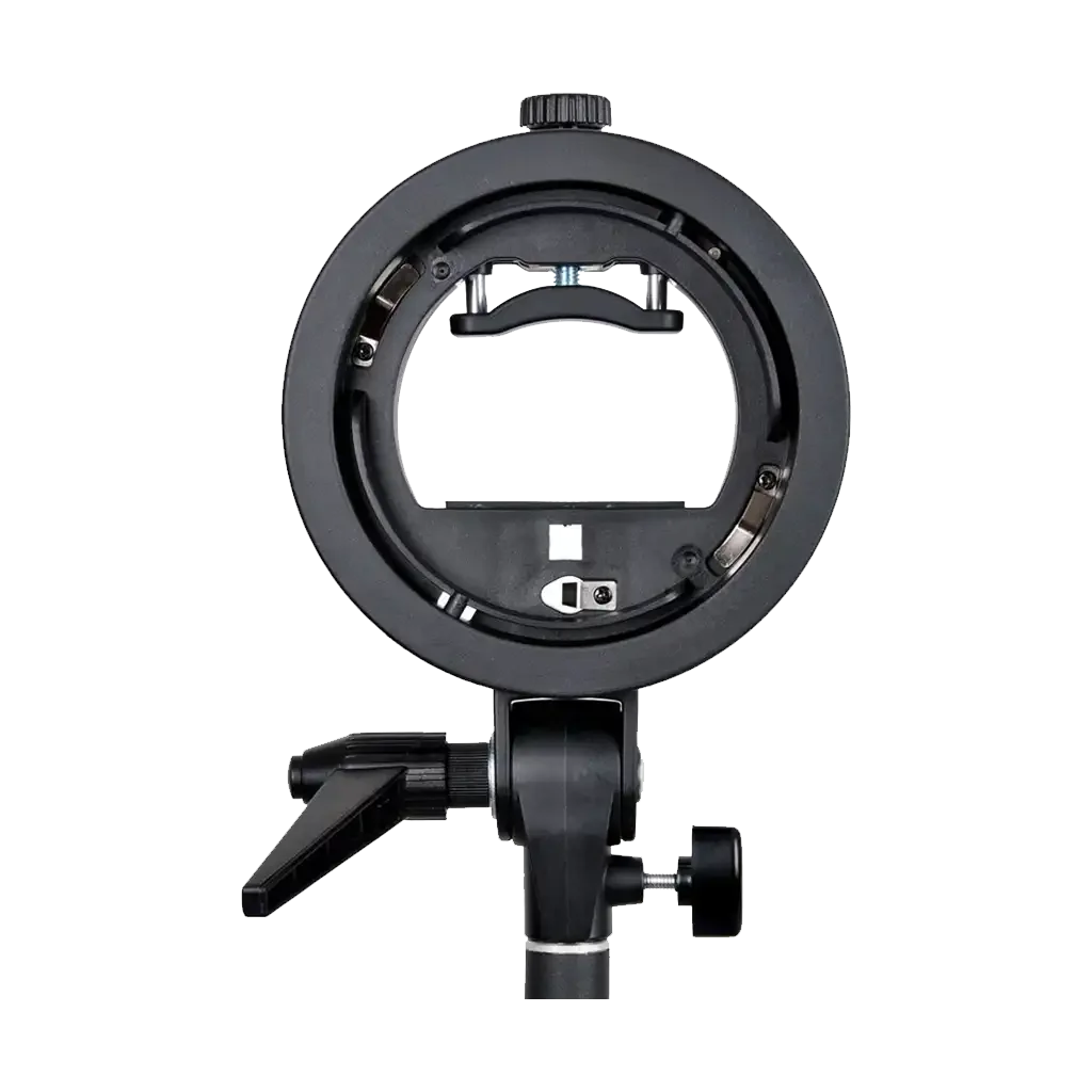 Adjustable speedlite bracket for mounting flash units to light stands.