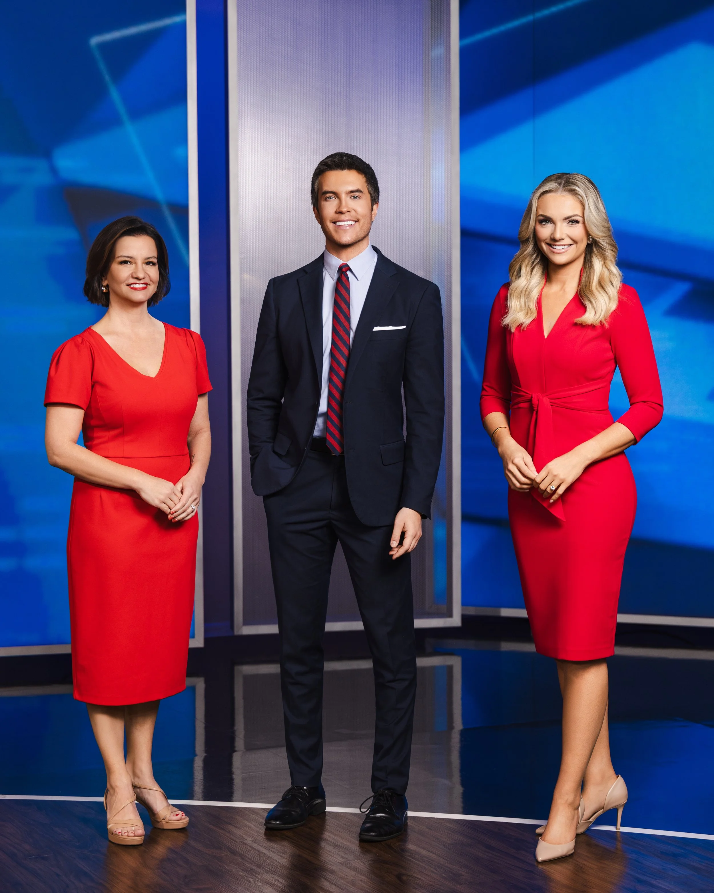 Portrait of three WSMV news anchors standing together inside the Nashville television studio, photographed by Tausha Dickinson.