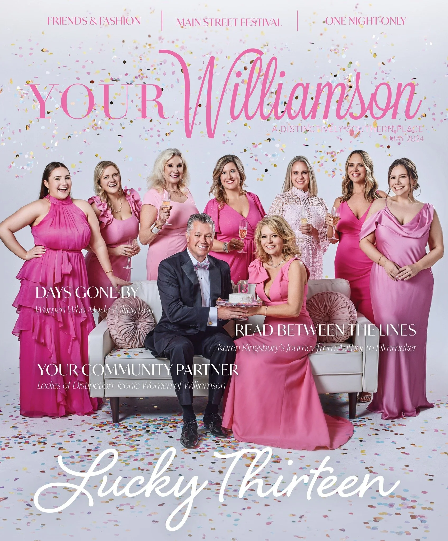 A vibrant and joyful cover celebrating Your Williamson’s 13th anniversary with a stunning pink-themed group portrait. The playful energy and festive confetti make this a standout image for the magazine’s milestone edition. Nashville Commercial Photog