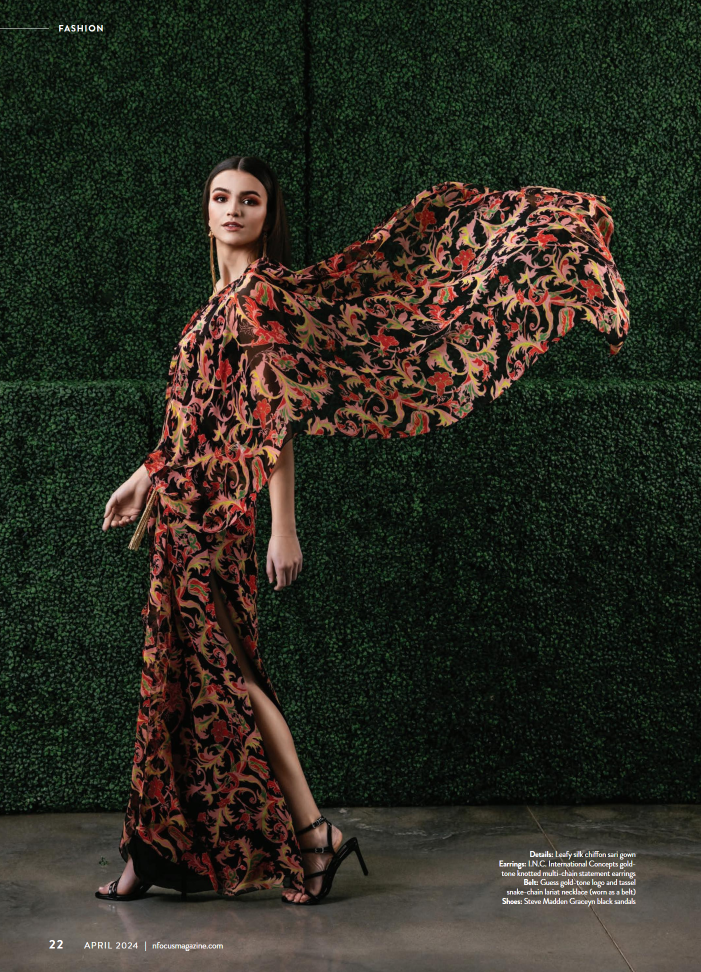 This striking editorial captures the drama of a patterned gown billowing in the breeze, creating a sense of movement and elegance. Nashville Fashion Photographer skilled in creating visually compelling editorial content.