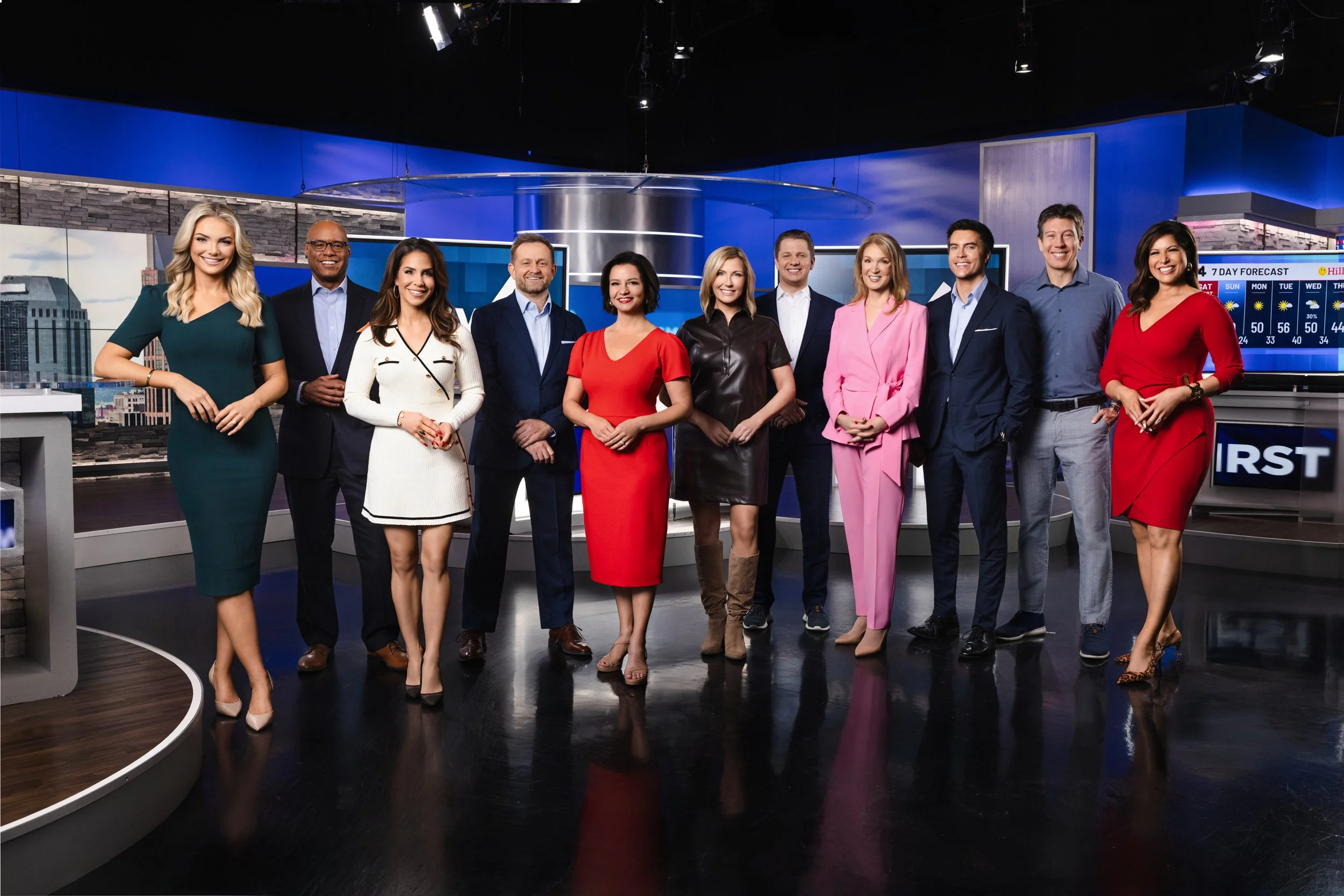 Group portrait of the WSMV news team inside their Nashville television studio, photographed by Tausha Dickinson.
