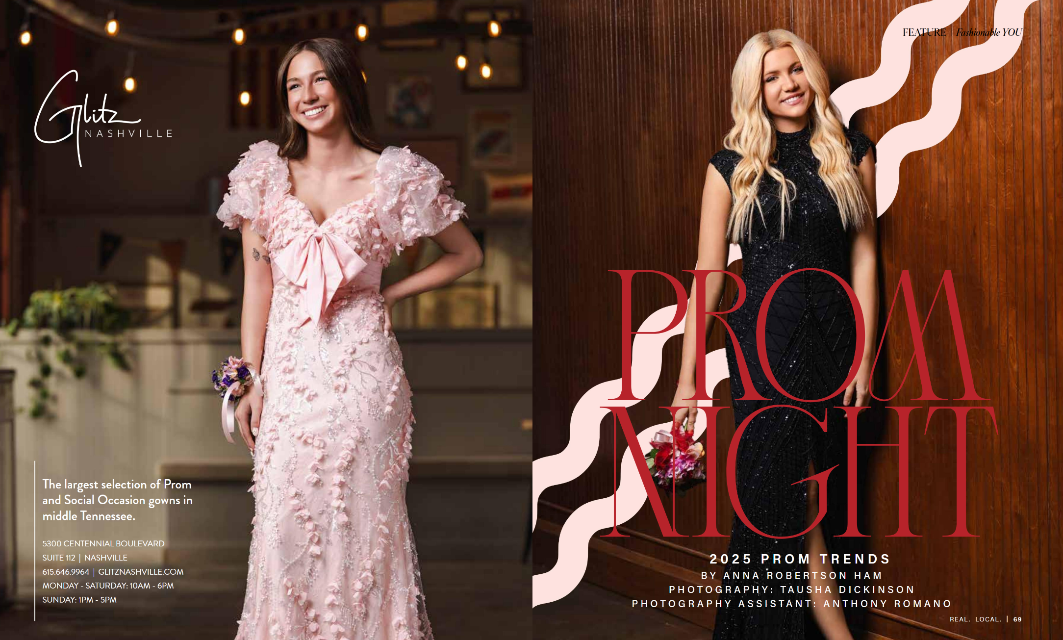 This Your Williamson magazine editorial, photographed by Tausha Dickinson, Nashville magazine photographer, showcases the most stunning 2025 prom fashion trends. Featuring a romantic pink floral gown and a sleek black sequin dress, this spread highli