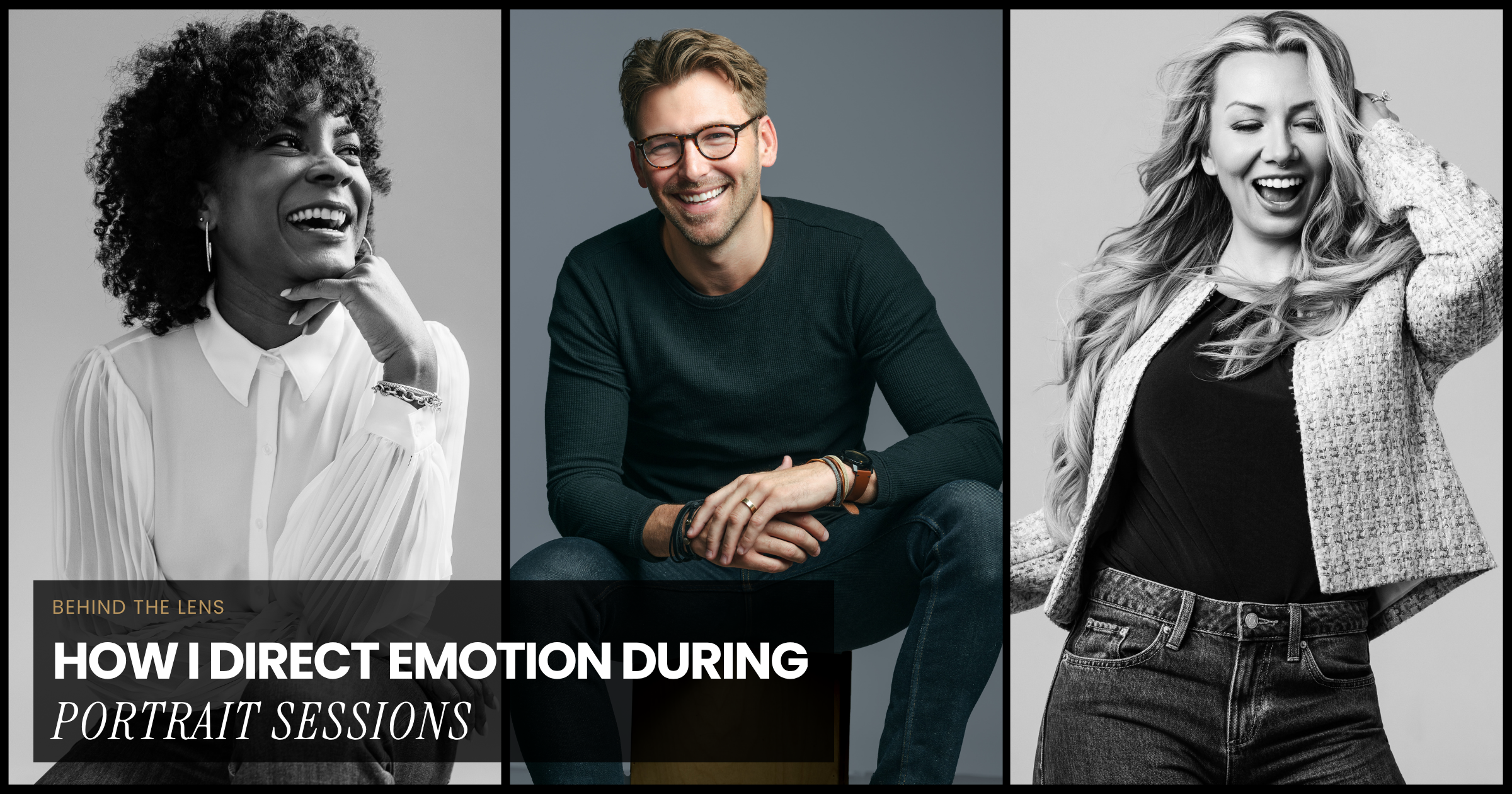 Nashville portrait photographer blog cover showing three black and white headshot clients with genuine expressions during portrait sessions