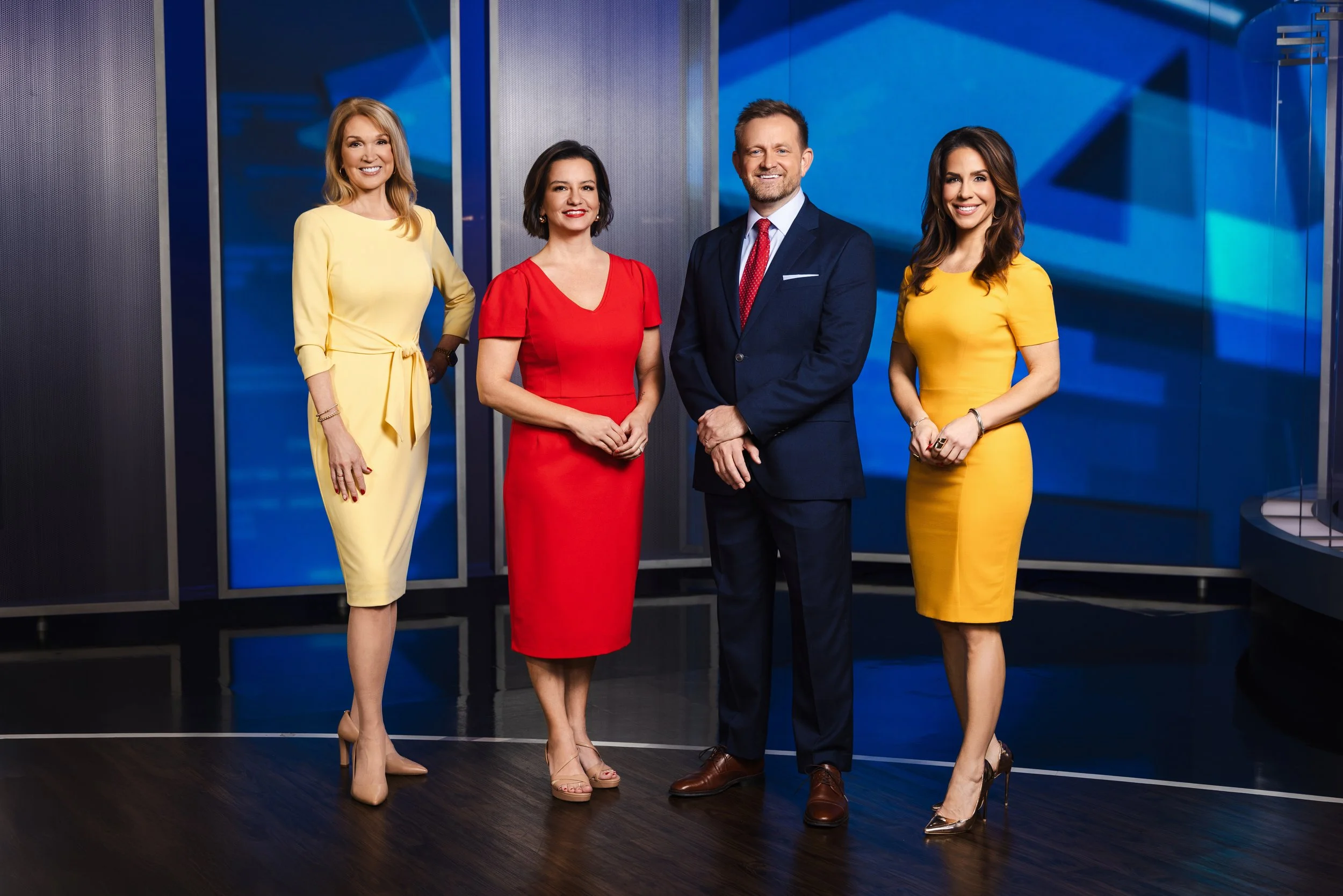 Portrait of the WSMV First Alert Weather team at the weather desk inside the Nashville studio, photographed by Tausha Dickinson.