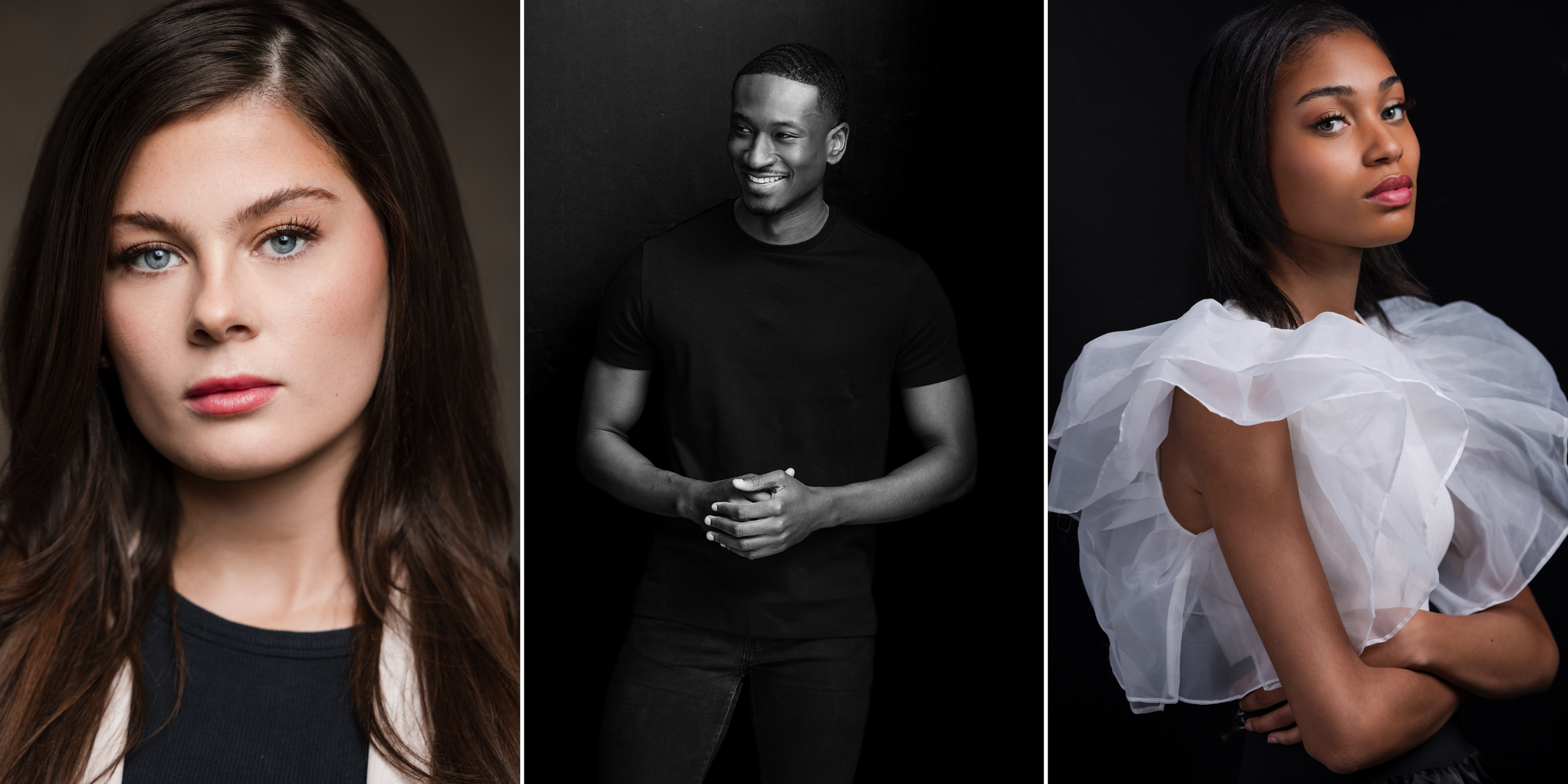 Three one light studio portrait setups demonstrating bounced, hard, and modified lighting techniques