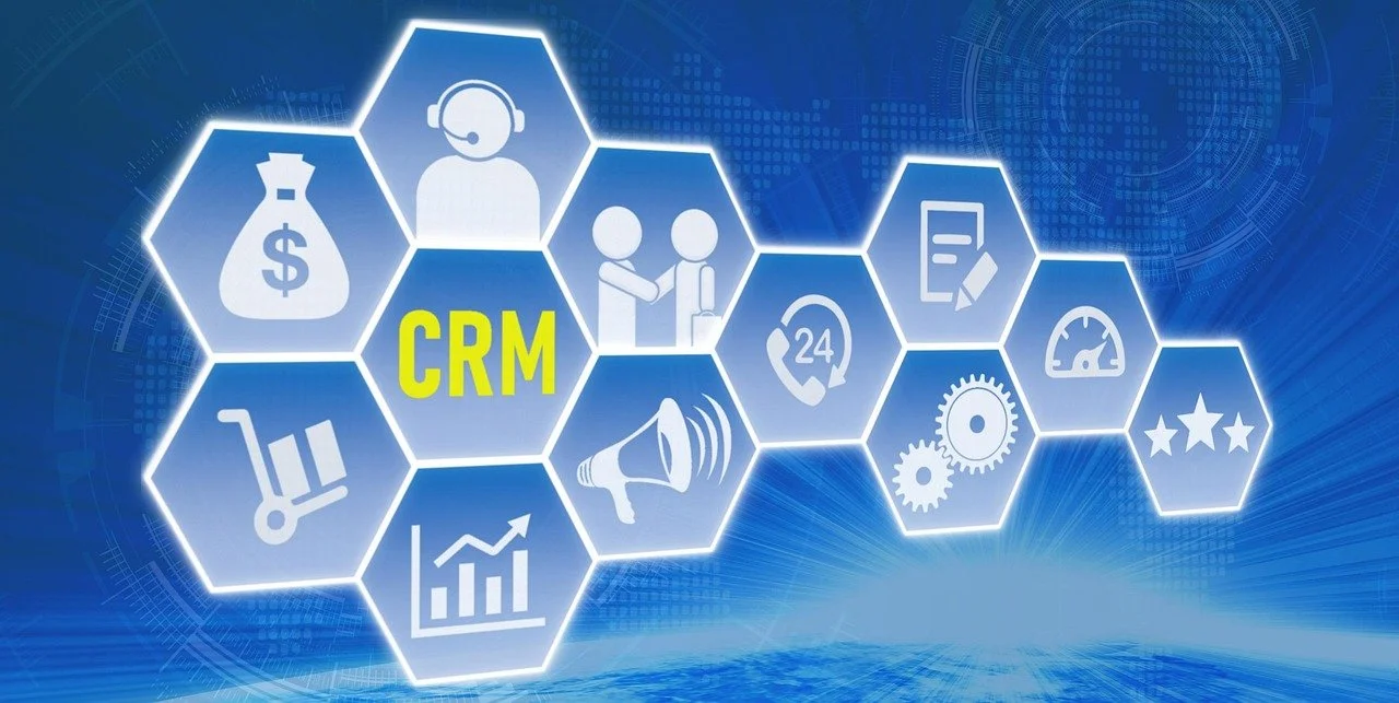 Digital illustration of CRM customer relationship management system with icons representing client communication, automation, and business workflows