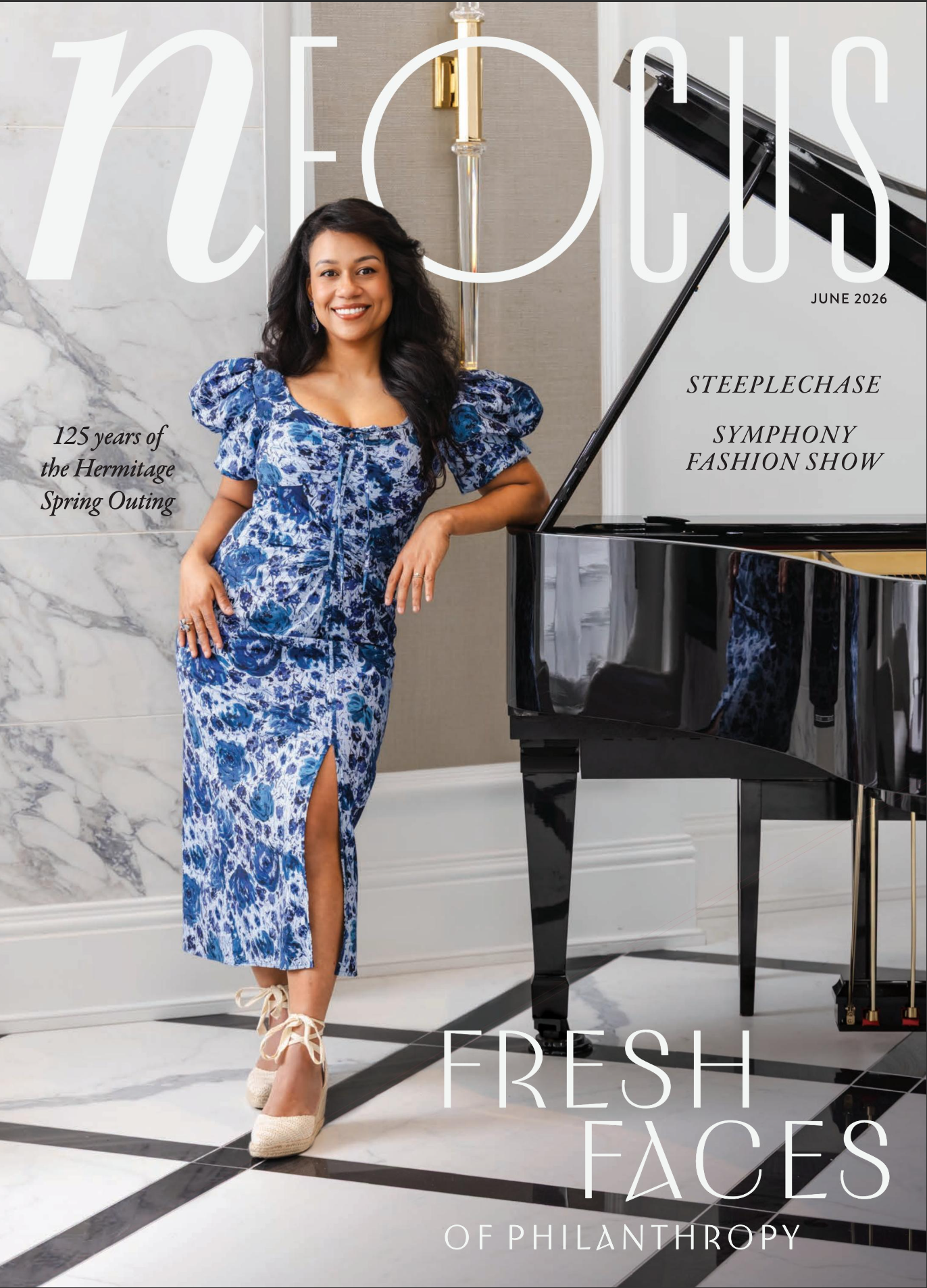 nFocus Magazine June 2026 Fresh Faces of Philanthropy cover, portrait of Juleesia Santiago-Karim in a blue floral dress beside a grand piano at The Manning Nashville, photographed by Tausha Dickinson