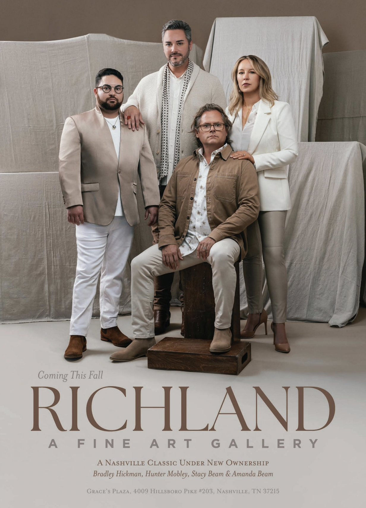 A sophisticated team portrait for Richland Fine Art Gallery, highlighting timeless style with neutral tones. Nashville Commercial Photographer with expertise in crafting elevated branding imagery.