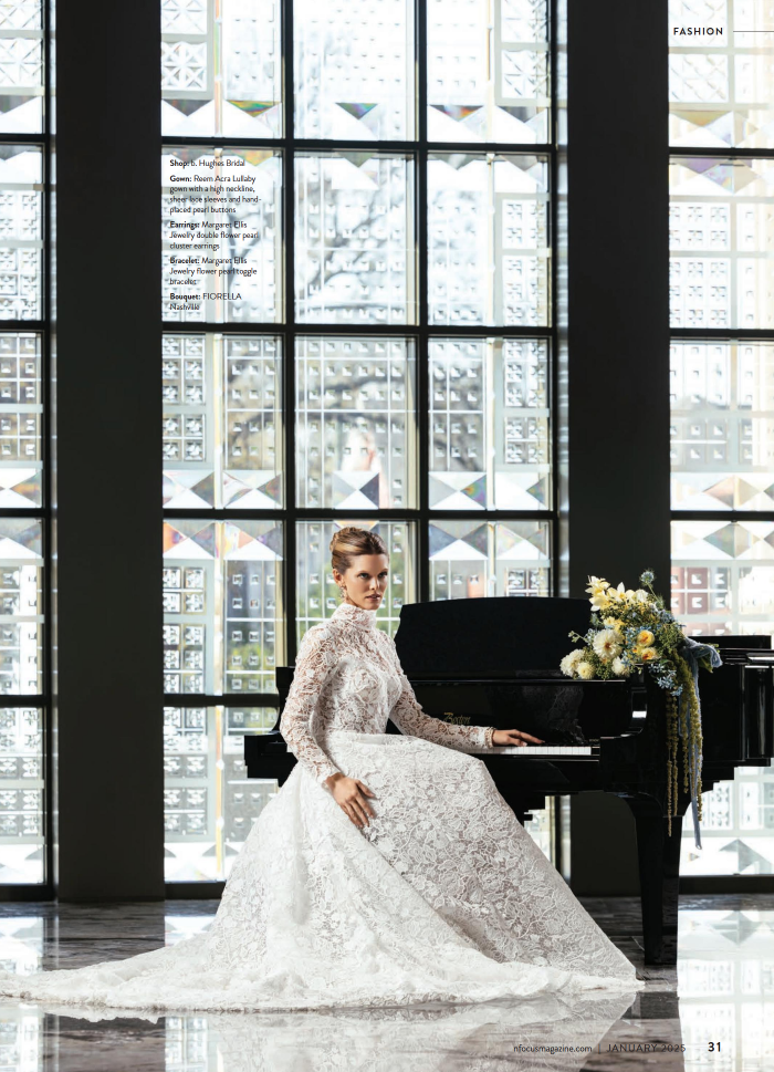 Captured by a Nashville Fashion Photographer, this bridal portrait features a bride in a high-neck lace gown, framed by geometric windows and soft, natural light. A perfect example of modern wedding photography that blends fashion and architecture ef