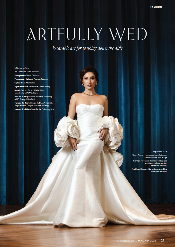 This image, captured on location at The Fisher Center for the Performing Arts, merges couture bridalwear with a rich, theatrical setting. Perfect for fashion-forward brides seeking timeless elegance. Nashville Fashion Photographer bringing bridal dre