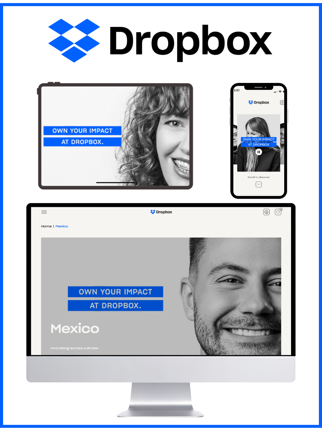 Dropbox recruitment campaign featuring employee portraits photographed by Nashville commercial photographer Tausha Dickinson, displayed across laptop, mobile, and desktop screens for employer branding and careers marketing.