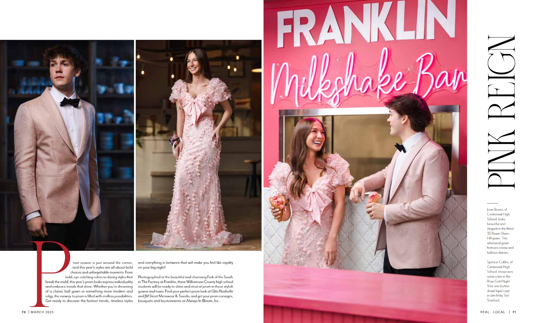 A stunning editorial feature in Your Williamson magazine, this fashion spread spotlights Williamson County high school students dressed in bold, statement-making prom attire. The editorial includes luxurious gowns, sleek tuxedos, and modern styling t